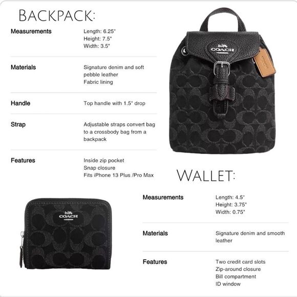 Coach Black Denim Convertible Backpack and Small Zip Around Wallet Set Silver HW - Picture 8 of 12